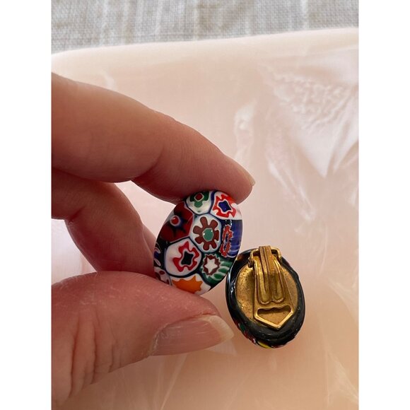 Vintage Millefiori Clip-On Earrings With Colorful Floral Glass Design - Picture 9 of 13